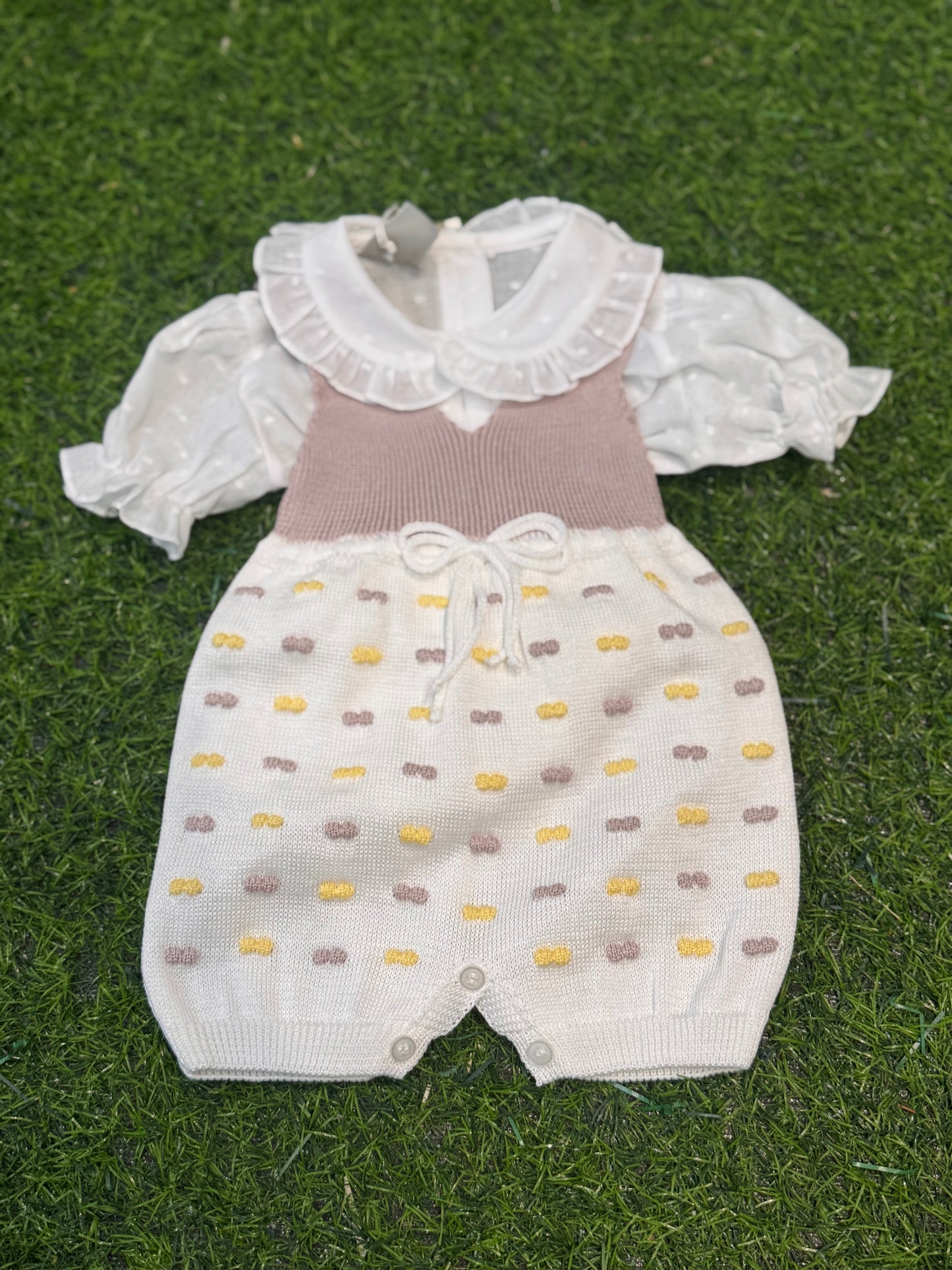 MARLU’ - completo 3pz in filo di cotone bianco/marsala/giallo corredino p/e