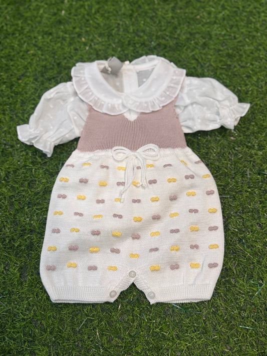 MARLU’ - completo 3pz in filo di cotone bianco/marsala/giallo corredino p/e