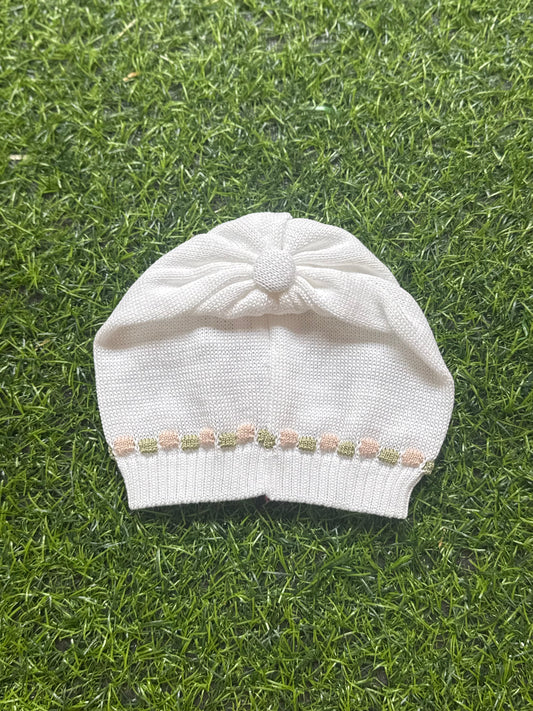 MARLU’ - cappellino in filo di cotone bianco/verde oliva corredino p/e