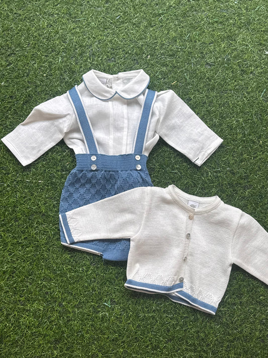 MARLU’ - salopette 3pz in filo di cotone e lino vaniglia/oceano corredino p/e