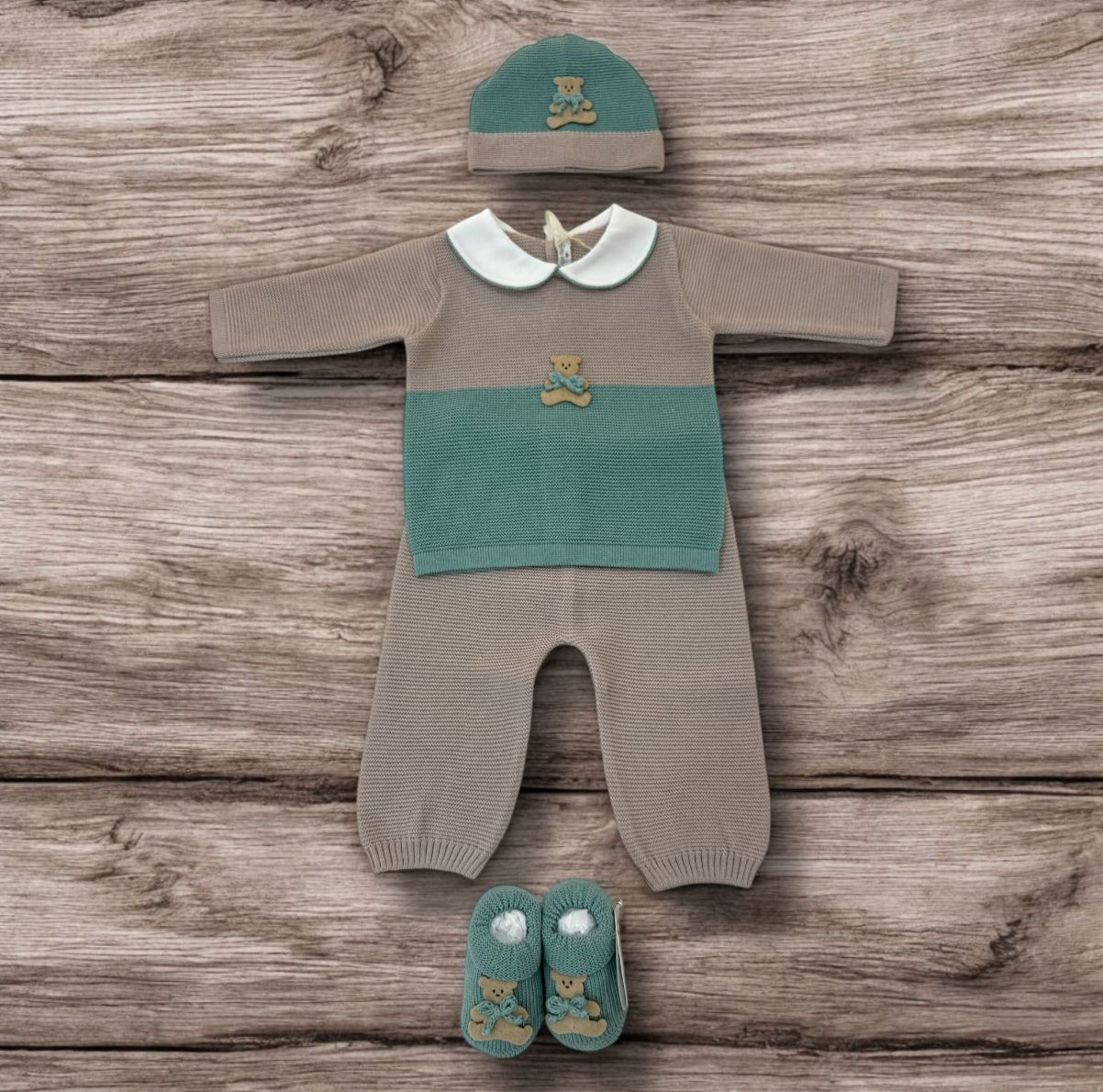 BABY LORD - completo 2pz + cuffietta + scarpine orsetto salvia corredino est 25 - BOY