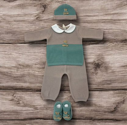 BABY LORD - completo 2pz + cuffietta + scarpine orsetto salvia corredino est 25 - BOY