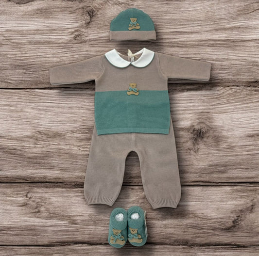 BABY LORD - completo 2pz + cuffietta + scarpine orsetto salvia corredino est 25 - BOY