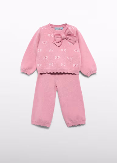 ABEL & LULA - completo pantalone in maglia fiocchi rosa - invernale
